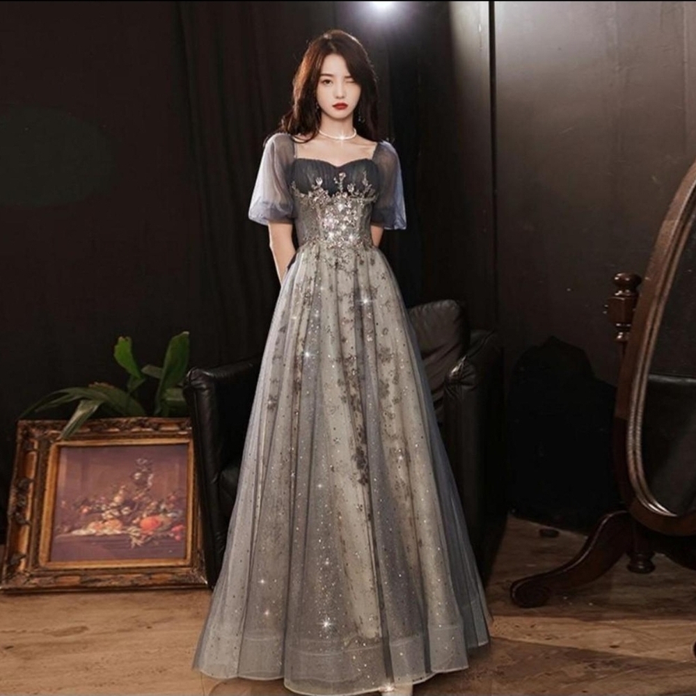 Korean Puff Sleeve Sparkly Gown